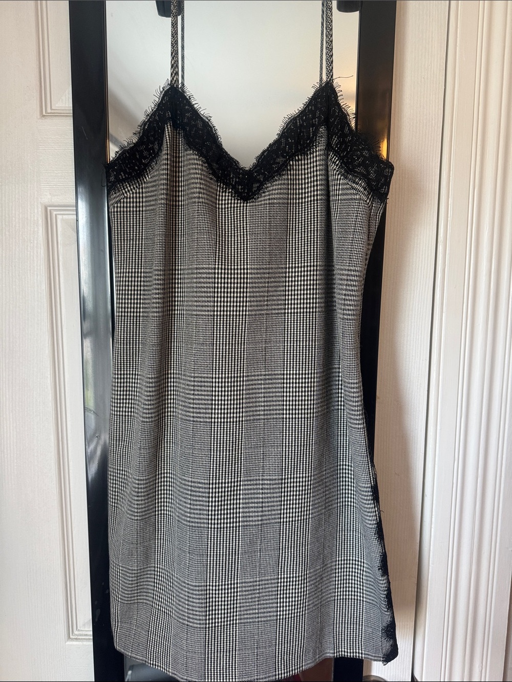 ZARA Black & White Plaid Lace-Trim Slip Dress